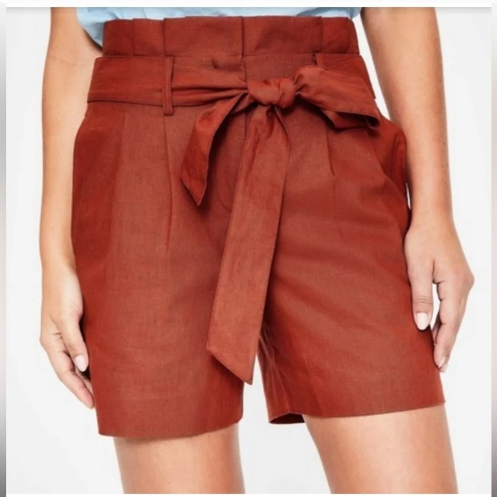 Boden St Ives Paperbag Shorts Women 4 Rust Linen Blend Tie Belt High Waist - Picture 2 of 5
